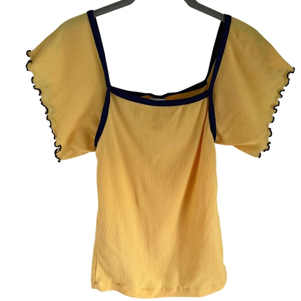 VTG 70s Helen Sue Yellow Ribbed Top Mod Ruffle Lettuce Edge Sleeve Square Neck M - Picture 2 of 5